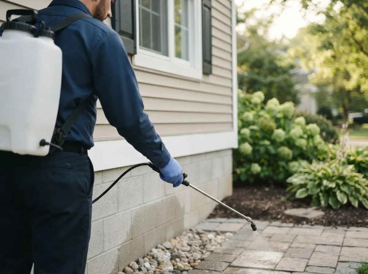 Pest control technician inspecting a home in Springville, NY